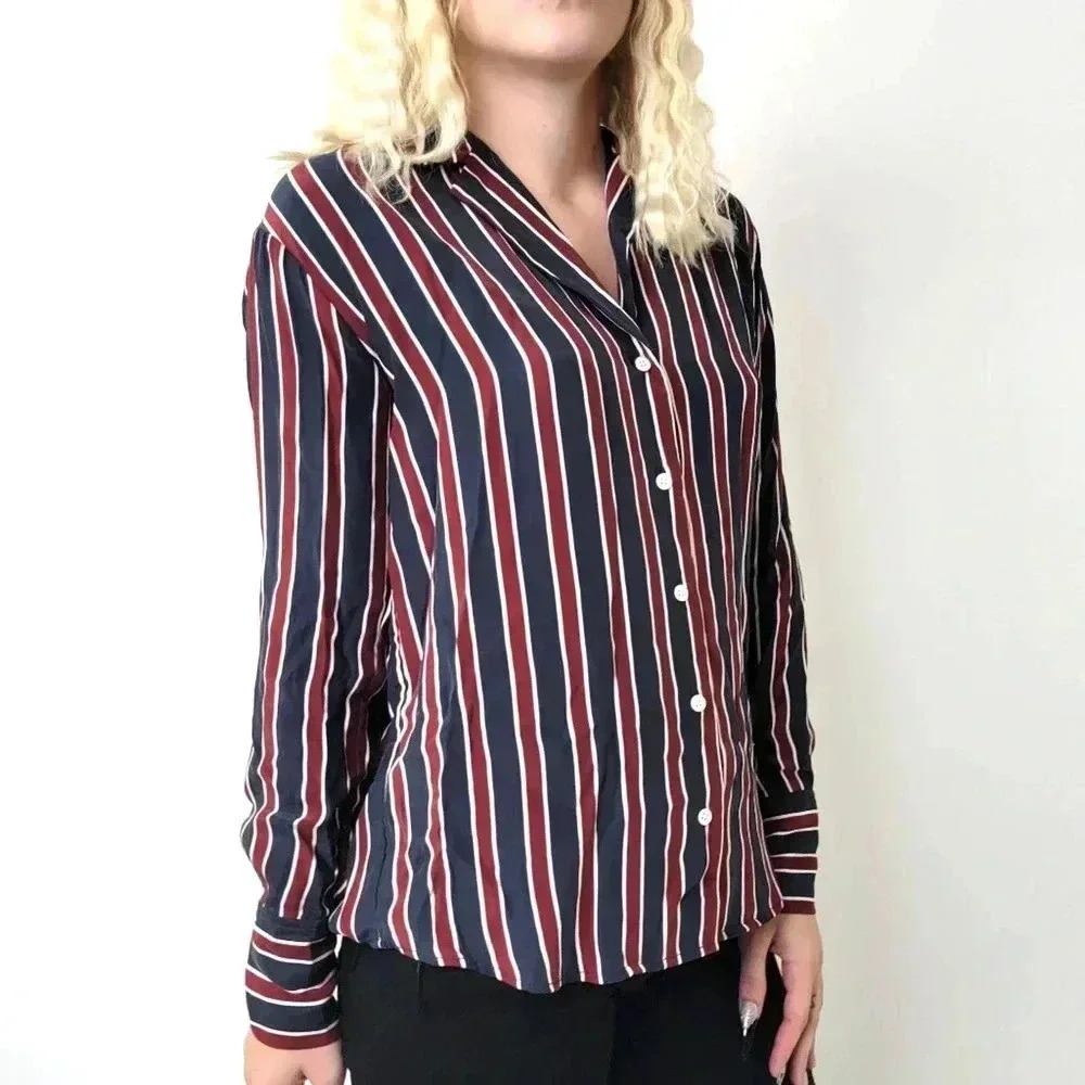 Frame Silk Striped Button Down Long Sleeve Shirt -  S - Picture 2 of 8